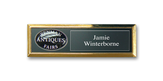 B2 lightweight injection moulded namebadge gold frame by Fattorini - 69 x 21mm