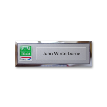 B2 lightweight injection moulded namebadge chrome frame by Fattorini - 69 x 21mm