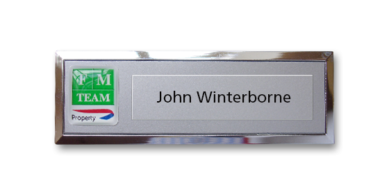 B2 lightweight injection moulded namebadge chrome frame by Fattorini - 69 x 21mm