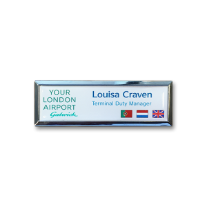 B3 lightweight injection moulded namebadge silver frame flag badges by Fattorini - 75 x 25mm