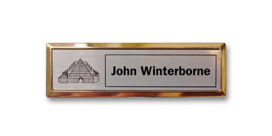 B3 lightweight injection moulded namebadge gold frame by Fattorini - 75 x 25mm