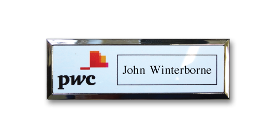 B3 lightweight injection moulded namebadge silver frame for a chartered accountancy firm by Fattorini - 75 x 25mm