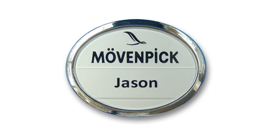 B5 lightweight injection moulded oval namebadge chrome frame by Fattorini - 54 x 39mm