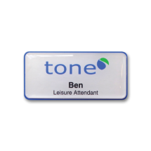 H45 robust blue frame namebadge dome printed by Fattorini 75 x 35mm