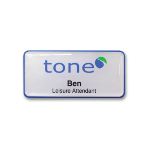 H45 robust blue frame namebadge dome printed by Fattorini 75 x 35mm