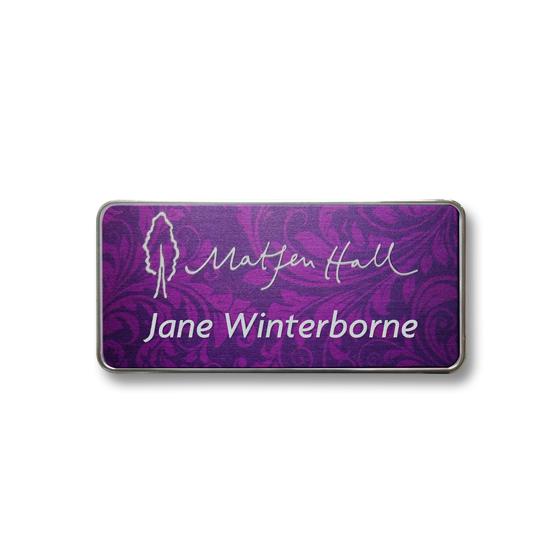H4 Name badge, metallic colours, in a chrome plated frame - Badge Butler