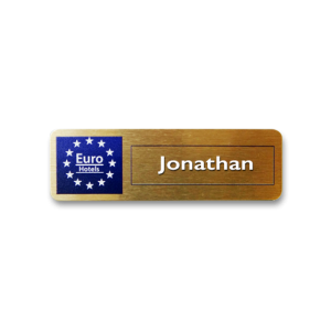 P2 brushed gold metal panel name badge by Fattorini 68 x 18mm