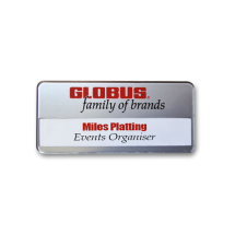 SL43 slim-line re-usable reverse printed silver faced name badge by Fattorini 72 x 33mm
