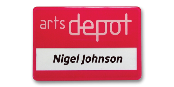 SL6 slim-line re-usable reverse printed red name badge by Fattorini 67 x 45mm