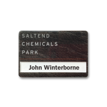 SL6 slim-line re-usable reverse printed wood effect name badge by Fattorini 67 x 45mm
