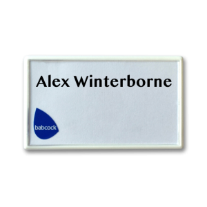 SNAP-FIT reusable economical white name badge by Fattorini 70 x 40mm